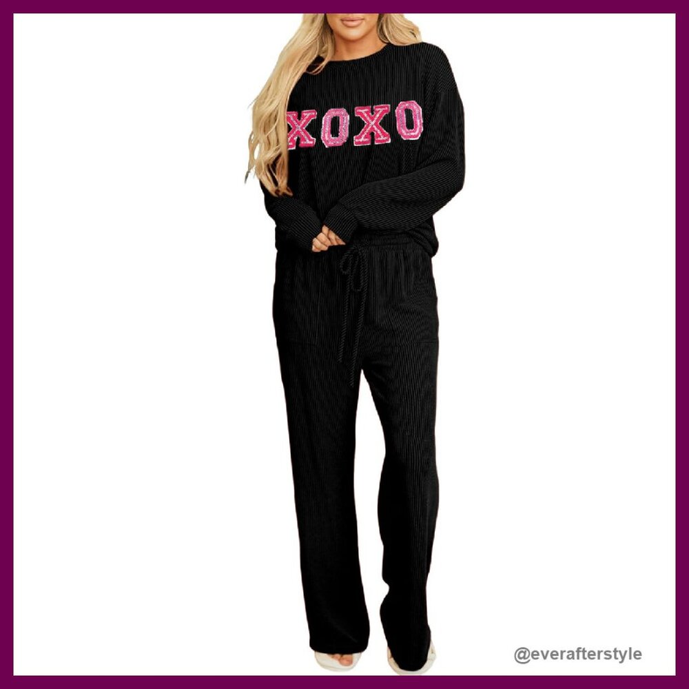 Ribbed Long Sleeve Pajama Set Cozy Loungewear With Pockets Sleepwear